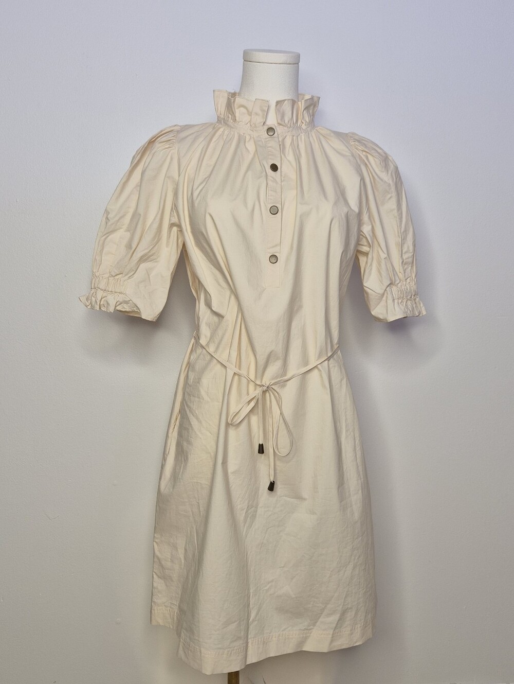 APIECE APART Cream Cotton Puff Sleeve Ruffle Neck Shirtdress Size 4